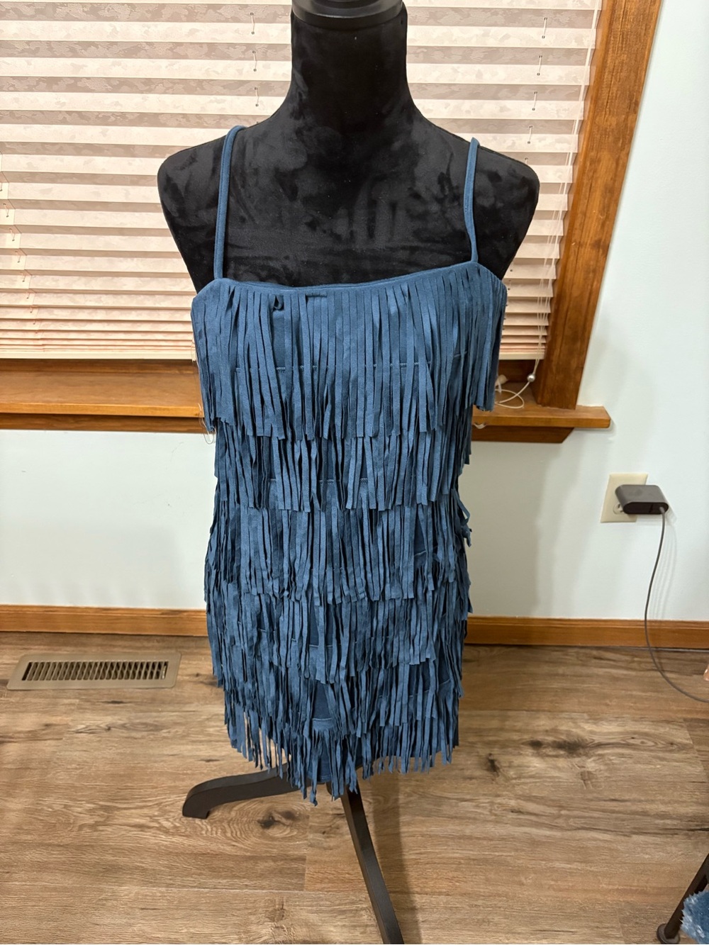 Francesca's Collections Teal Blue Fringe Spaghetti-Strap Mini Dress